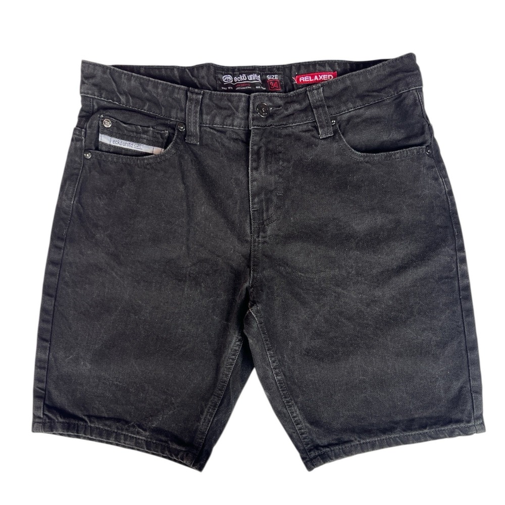 Ecko Unltd Shorts Mens 34 Black Jean Denim Rhino Logo Relaxed Fit Hip Hop Y2K